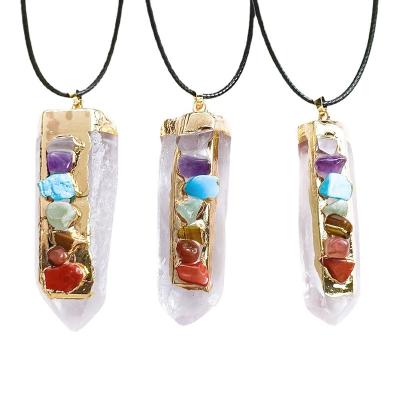 China New Fashion Chakra Colorful Crystal Hexagonal Pillar Stone Irregular Gemstone Yoga Necklaces Pendant Trendy Necklace for sale