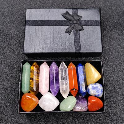 China Europe Luxury Valentine's Day Gift Set Hexagon Column Rose Quartz Tiger Eye Amethyst Crystal Crafts Home Decors for sale