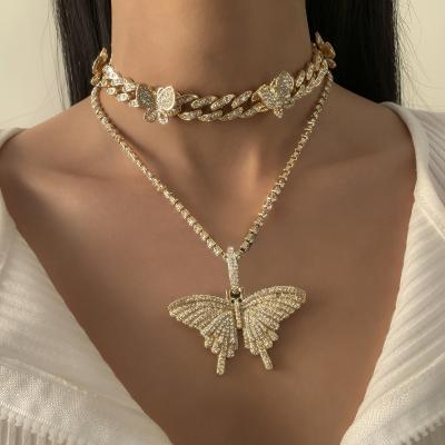 China Multiple Layer Necklace Gold Diamond Butterfly Necklace Stainless Steel Cuban Link Necklace Women for sale