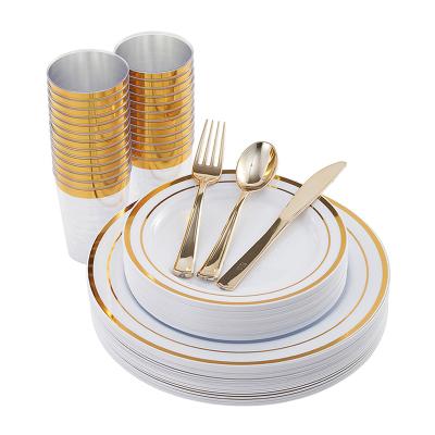 China Hot Selling Disposable Tableware Decorative Gold Disposable Plastic Wedding Dishes Set for sale