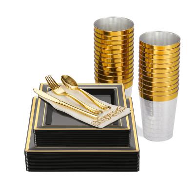 China Disposable Cheap Golden Rim Decorative Wedding Party Disposable Square Plastic Plates And Cutlery Set for sale