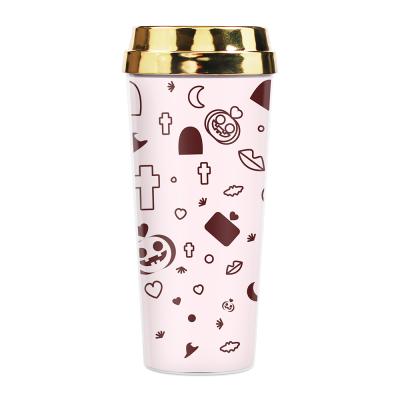 China 2021 Custom Viable Pink Plastic Double Walled Plastic Pumpkin Print Leak Proof Insulated Coffee Mug for sale