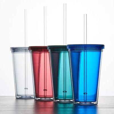 China 100% Bpa Free Sustainable Acrylic Insulated 16oz Double Walled Plastic Reusable Drink Cups With Lids And Straws for sale