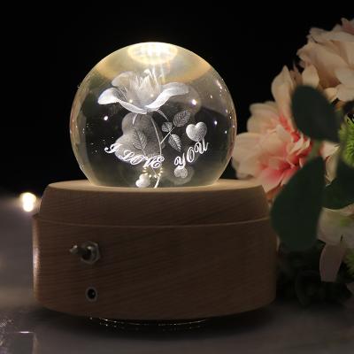 China Modern Hot Sale 3D Crystal Ball Night Light LED Rechargeable Battery Wooden Low Mood Lamp With Music Box For Kids for sale