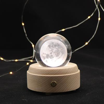 China Newest Modern 3D Cryatal Night Light Color Changing LED Battery Wooden Moon Bass Lamp With Speaker Decoration Lighting For Kids for sale