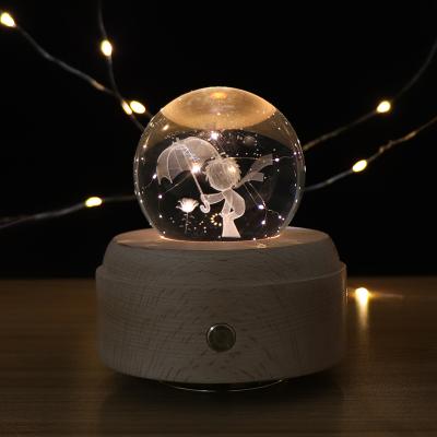 China Best Selling Modern Crystal Ball Night Light Led Wooden Base With Battery And Music Box Dimmable Table Lamp For Christmas Gift for sale