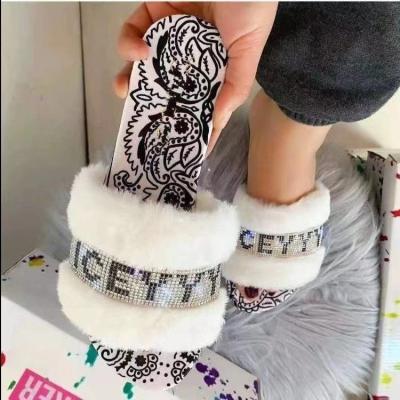 China CUSHIONING Fashion Hairy Female Open Toe Diamond Slippers Home Indoor Soft Plush Ladies Slippers Warm Women Faux Fur Slippers for sale