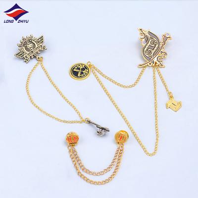 China Longzhiyu 15Years China Factory Gift Promotional Nickel Free Double Chains Two Badge Cloth Double Brooch Chain Pin for sale