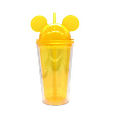 China New Viable Wholesale Double Wall Acrylic Water Dome 16oz Mouse Ear Cover Clear Plastic Cup BPA Free Cup With Straw for sale