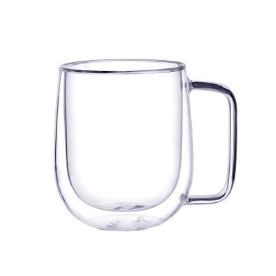 China Double Wall Flower Viable Glass Tea Cup Cold Drink Mug With Handle High Quality 380ml Coffee Mug for sale