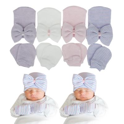 China YIZHOU Toddler Baby Boy Girl Winter Striped Newborn Hats With Newborn Infant Baby And Mittens For Babies for sale