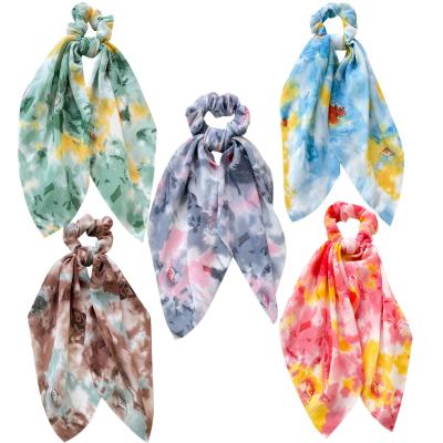 China Fabric Fashion Girl Multi Color Print Graffiti Hair Scrunchies Elastic Hair Ties Long Scarf Scrunchies For Women for sale