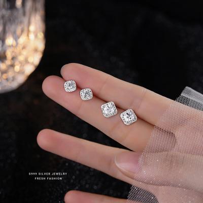 China S999 Women's Foot Diamond Shining Square Earrings Female Foot Silver Light Luxury Advanced European And American Hip Hop Rock Earrings Joker for sale