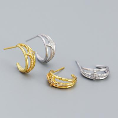 China Women wholesale Japan and South Korea three-layer c shaped earrings s925 Central Institute of Statistics metal wind silver star studded design sense ear earings for sale