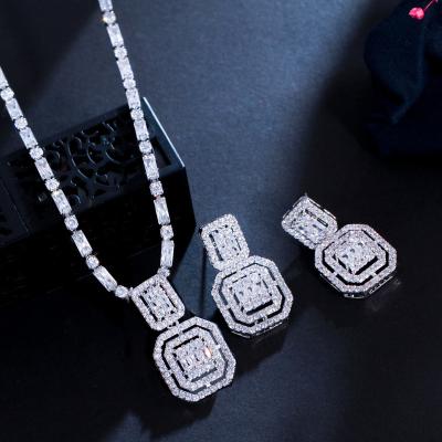 China Retro beautiful religious simple square zircon ear stud necklace set chain minority design wedding dress light luxury set for sale