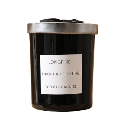 China Luxury Custom Black Home Decoration Glass Jar Long Lasting Soy Wax Aromatherapy Candle for sale