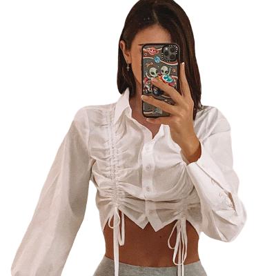 China Lady Clothing New Black White Irregular Anti-pilling Designs Crop Top Turn Down Collar Shirts For Women for sale