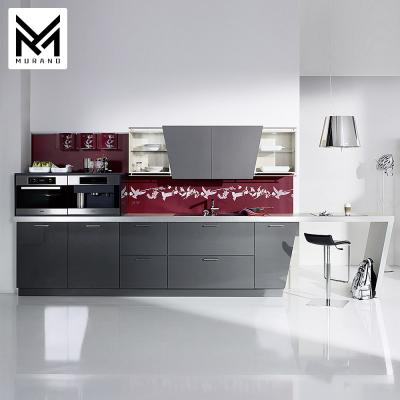 China Morden Gray Matt Lacquer Wood Grain Melamine Modular Kitchen Cabinet Prices CLASSIC Dark Shaped Kitchen Cabinets 1 for sale