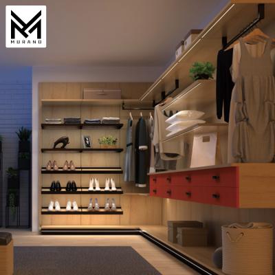 China Visible / Invisible Custom Wooden One Stop Furniture Walk In Closet Furniture Wardrobe Open Design Glass Door L Shape Walk In Wardrobe for sale