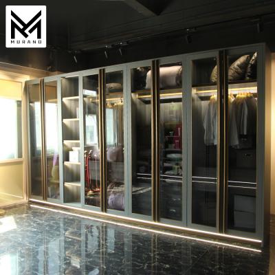 China Foshan Modern Bedroom Furniture Gray Design Modern Bedroom Wardrobes Custom Design Open Glass Door Clothes Wardrobe Wardrobe for sale