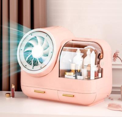 China For night makup or makeup storage Usb desktop cosmetic box led 3 color light 360 degree rotating mirror multifunctional plastic cosmetic storage box for sale