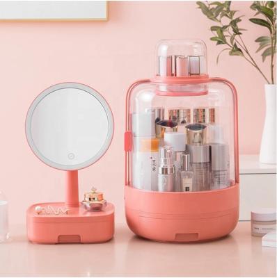 China Viable Led Mirror Set Dustproof Portable Smart Cosmetic Storage Box 360 Rotating Acrylic Cosmetic Storage Box for sale