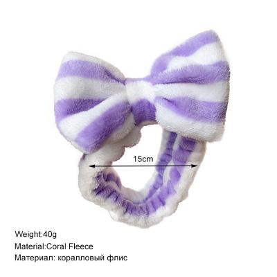 China Soft Korean Style Bow Hair Band Flannel Polka Dot Stripes Makeup Face Wash Headband for sale