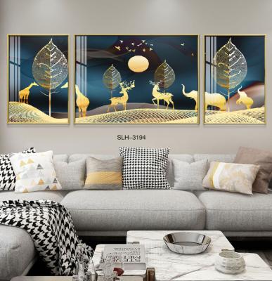 China Abstract 3 Panels Luxury High Quality Style Abstract Tree Deer Crystal Porcelain Painting Artworks Oil Gold Painting For Living Room for sale