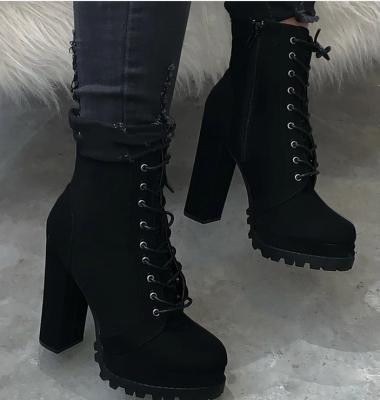 China Fashion Trend Solid Color Winter Lace Up Boots Women Platform High Heel Women Ankle Boots for sale