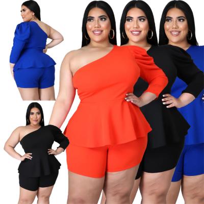 China Summer One Shoulder Breathable Breath Sleeve Plus Size Women Shorts Set Casual Plus Size Women Clothing Two Piece Set for sale