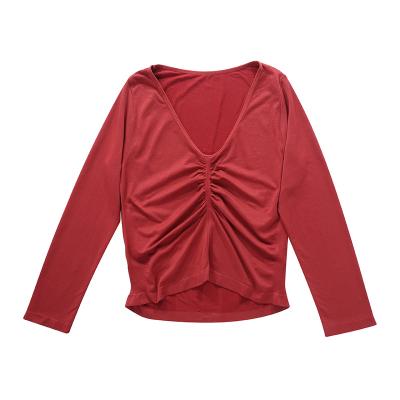 China New Design Anti-Wrinkle Pleated Ladies Sexy Slim V-Neck Knitted T-Shirt Long Sleeves for sale