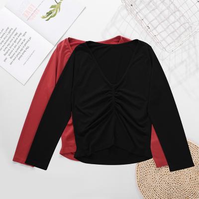 China Anti-wrinkle Spring Autumn New Long Sleeves V-Neckline Pleated Slim Bottoming Tops For Women Outside Wear for sale