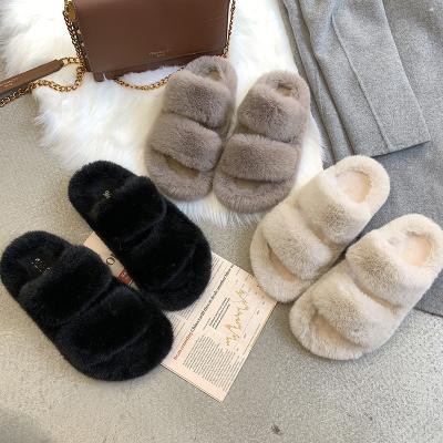 China CUSHIONING Furry Bedroom For Winter Fur Slippers Brown Rabbit Wholesale Women's Cheap Fluffy Bedroom Slipper Slides for sale