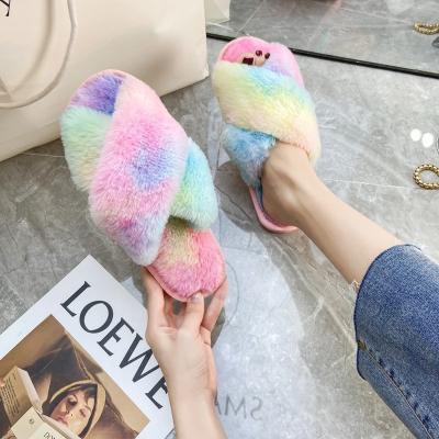 China CUSHIONING Fashion Woman Faux Hairy Fluffy Home Bedroom Slipper Colorful Slides Ladies House Soft Designer Fur Bed Slippers for sale