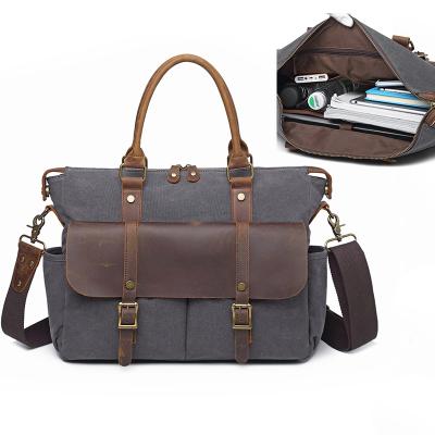 China Strong Multi-pocket Canvas Leather Briefcase Vintage Canvas Laptop Shoulder Bag Large Capacity 14 Inch Notebook for sale