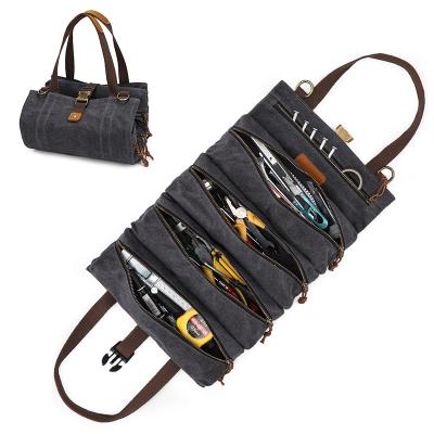 China Canvas Car Tool Zippers and Buckles Roll Up Organizer Bag Multi-Purpose Canvas Tool Roll for Electrician Plumber Carpenter for sale