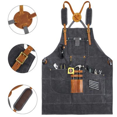 China Durable Waterproof Heavy Duty Cotton Canvas Leather Aprons And Practical Tool Work Apron With Logo for sale