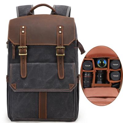 China Professional Outdoor Waterproof Waxed Leather Protective Effects Canvas Camera Bag Backpack for sale