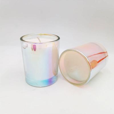 China Home Decoration Luxury Rainbow Color Glass Candle Jar With Lid Iridescent Colored Glass Candle Container For Candle Making for sale