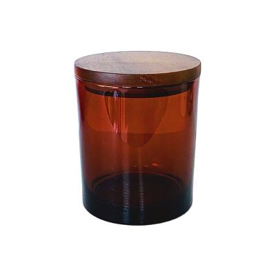 China Home Decoration Luxury Amber Glass Candle Jar With Wooden Rubber Lid Custom Frosted Amber Glass Candle Container For Scented Soy Wax Candle for sale