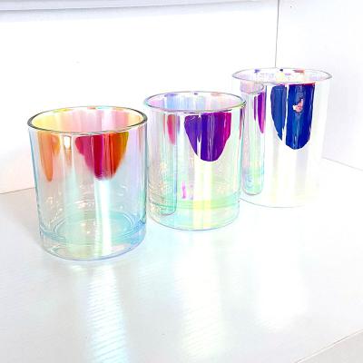 China Luxury Home Decoration Rainbow Color Glass Candle Jar With Lid Iridescent Glass Candle Container For Scented Candle for sale