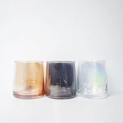 China Luxury home decoration whiskey drinking glass jar plated iridescent glass 250ml candle vessel jar with wooden lid for candle making for sale