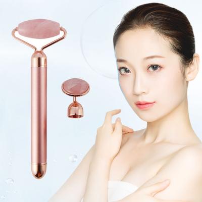 China Comfortable Electric Rose Quartz Roller Vibrating Facial Massager Rose Skin Care Equipment 2 in 1 Beauty Jade Roller for sale