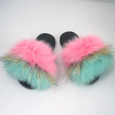 China Summer Colorful Flip Flops Shoes Real Fox Women Fashion Trend Fox Fur Slippers Lovely Plush Slides Rainbow Fluffy Home Slippers for sale