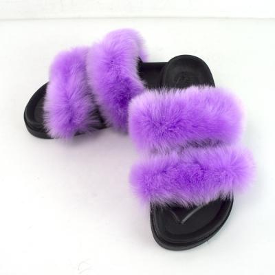 China Fashion Trend Two Strips Faux Fur Slides For Women Lady Daily Use Fluffy Slippers Ease Sandals Shoes for sale