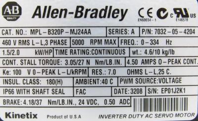 China ALLEN-BRADLEY MPL-B320P-MJ24AA MP-Series MPL 480V AC Rotary Servo Motor for sale