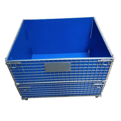 China Metal Zinc Plate Returnable Collapsible And Stackable Warehouse Pet Preform Steel Wire Mesh Storage Cargo Pallet Cages Box With PP Sheet for sale