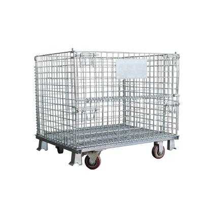 China Warehouse Galvanized Collapsible Stackable Storage Q235 Kingsun Folding Heavy Duty Steel Rigid Wire Mesh Containers with whee for sale