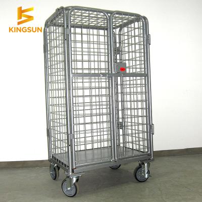 China Kingsun Collapsible Industry Medium Duty Steel Hand Trolley Security Storage Wire Mesh Z Stackable Low Roll Cage 1100*800*1700 for sale