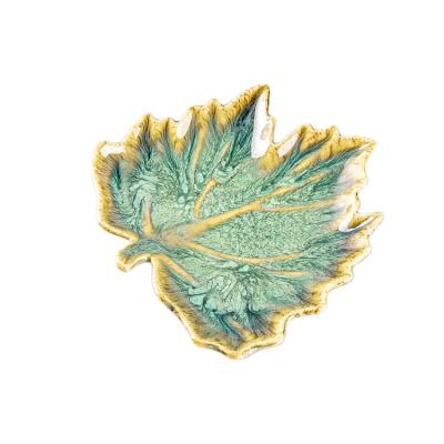 China Chaoda Sustainable 8 Inch Green Glazed Ceramic Maple Leaf Dish 8